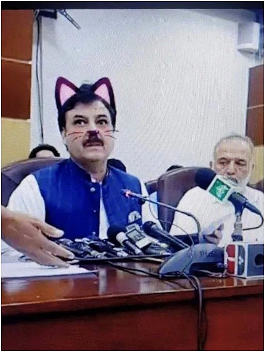 巴基斯坦地方政府记者会直播忘关滤镜，新闻部长变“猫脸”（组图） - 1