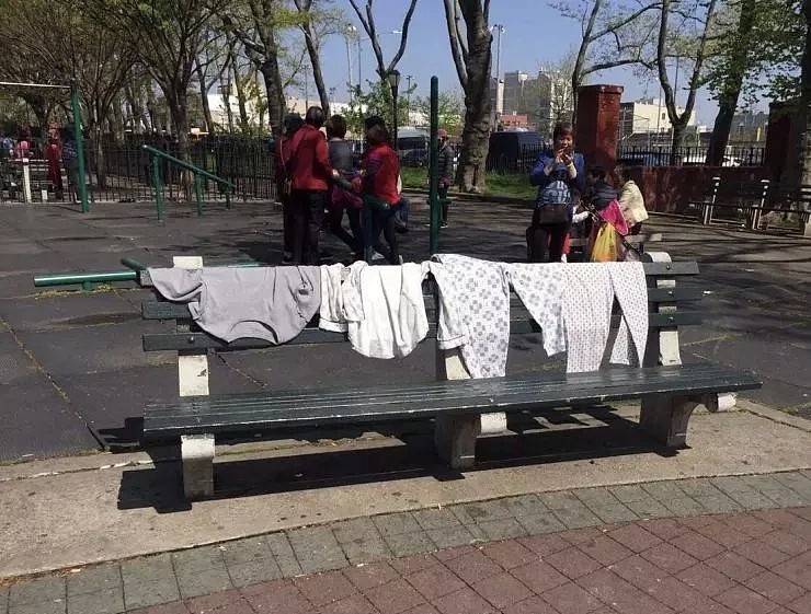 公园长椅上当众晾晒内衣裤，华人大妈们又闹出新笑话（组图） - 1