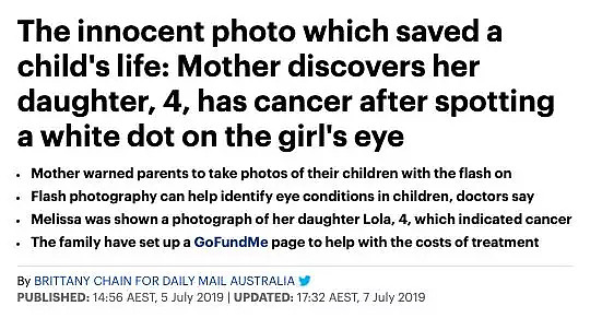 “一定要开闪光灯！”澳洲妈妈拍照救了4岁女儿一命！眼睛出现白点可能是癌症信号！ - 1
