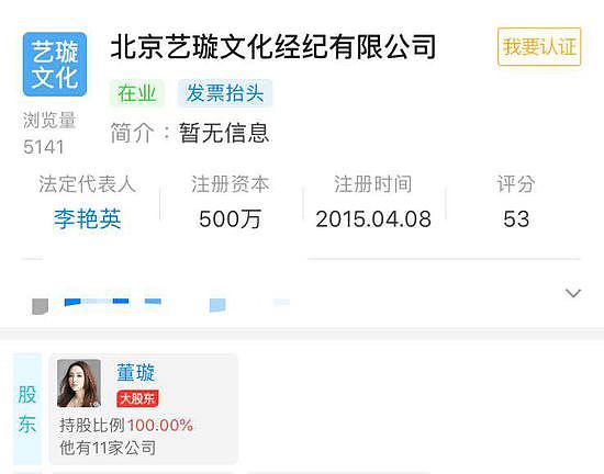 据天眼查显示，董璇目前是北京艺璇文化经纪有限公司最大股东，持股比例100%。