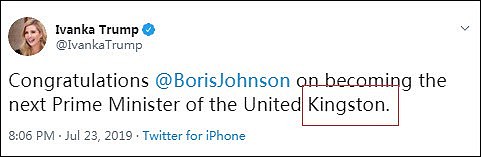 伊万卡发推庆祝约翰逊当选首相打错字，被批“拼写是爸爸教的”（图） - 2