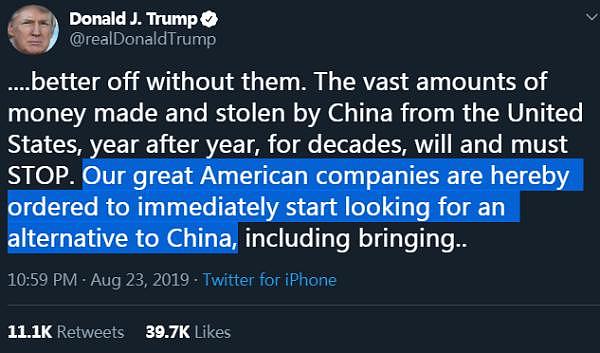 特朗普要求美企寻找方案替代中国 美商会：拒绝