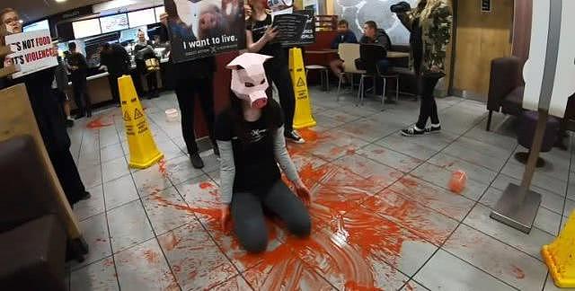 女子大闹麦当劳，戴猪头泼“血”抗议人们吃肉，自己却穿动物皮毛