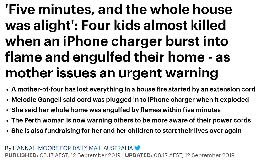 可怕！澳女iPhone充电器突然起火爆炸！4人险丧命 ，5分钟内民宅烧毁！震撼图！ - 1
