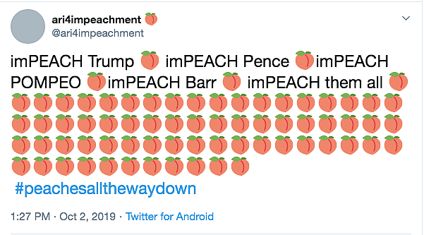 一位美国网友想要弹劾走特朗普、彭斯、蓬佩奥等官员，并附上一堆桃子表情。/推特截图