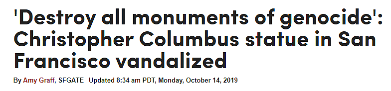 全身泼红漆！杀死所有殖民者！旧金山哥伦布雕像被破坏！（组图） - 1