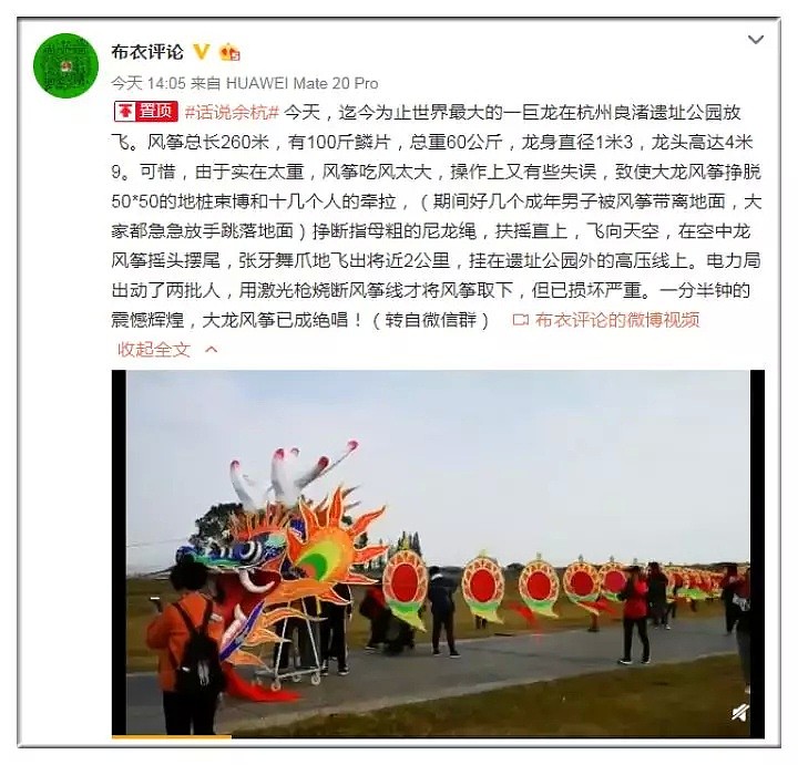 杭州有人放飞巨龙风筝，多名成年男子被带离地面！最后惊险一幕：挂上了高压线（视频/组图） - 1