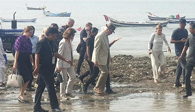 孟买海滩堆满数吨垃圾，瑞典国王王后不嫌脏臭亲自动手清理