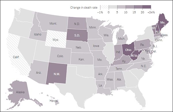  2010-2017，美国各州“中年人”死亡率变化（颜色越深增长幅度越大），图自纽约时报
