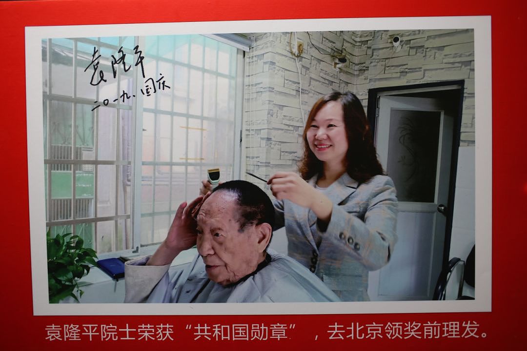 12月10日，位于红园东路的曹氏名剪理发店内，店主曹小平正在为顾客洗头，作为袁隆平院士十几年的指定理发店，墙上挂的照片还是前段时间其他人在袁隆平去北京前为其拍摄的。组图 记者/张云峰