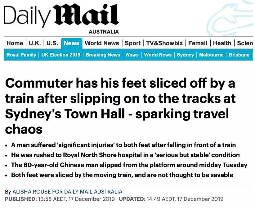 悉尼华裔老翁跌下城铁站台，或需截肢！火车紧急停运，交通一片混乱！（组图）>> - 2
