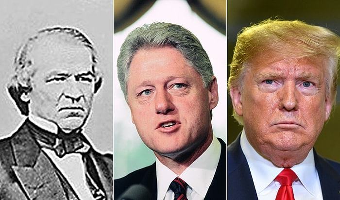 川普成为继前总统强森(左)、柯林顿(中)之后，美国史上第三位遭众院通过弹劾的总统。