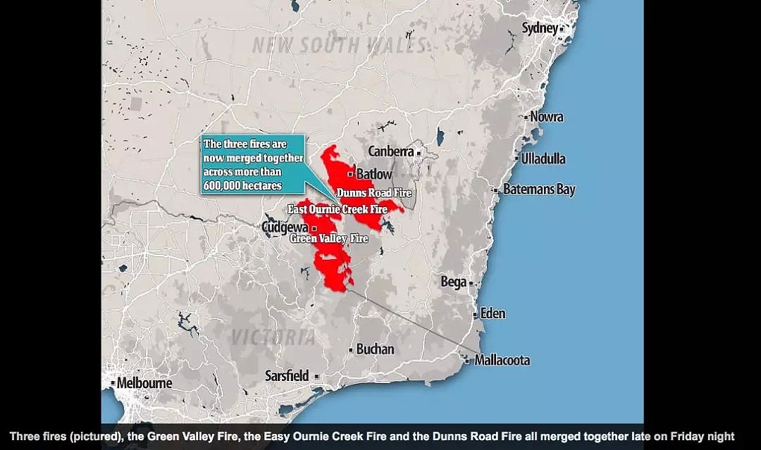 ACT延长“警戒状态”,火势持续蔓延至堪培拉边界7公里外。这个周末三大火场汇合，60万公顷