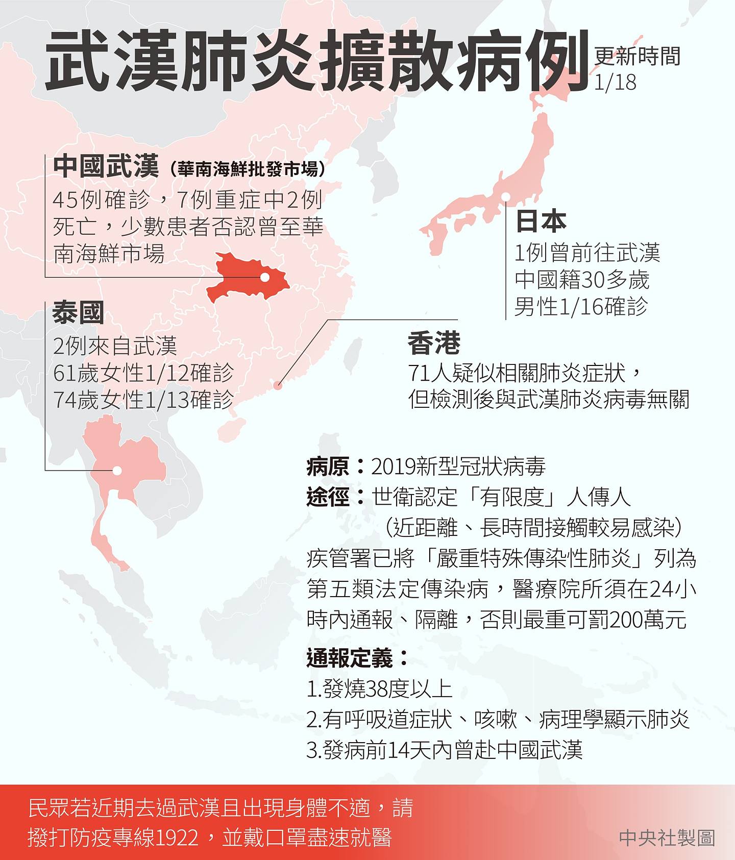 台湾媒体十分关注武汉肺炎。图为中央社整理疫情概况。（中央社）