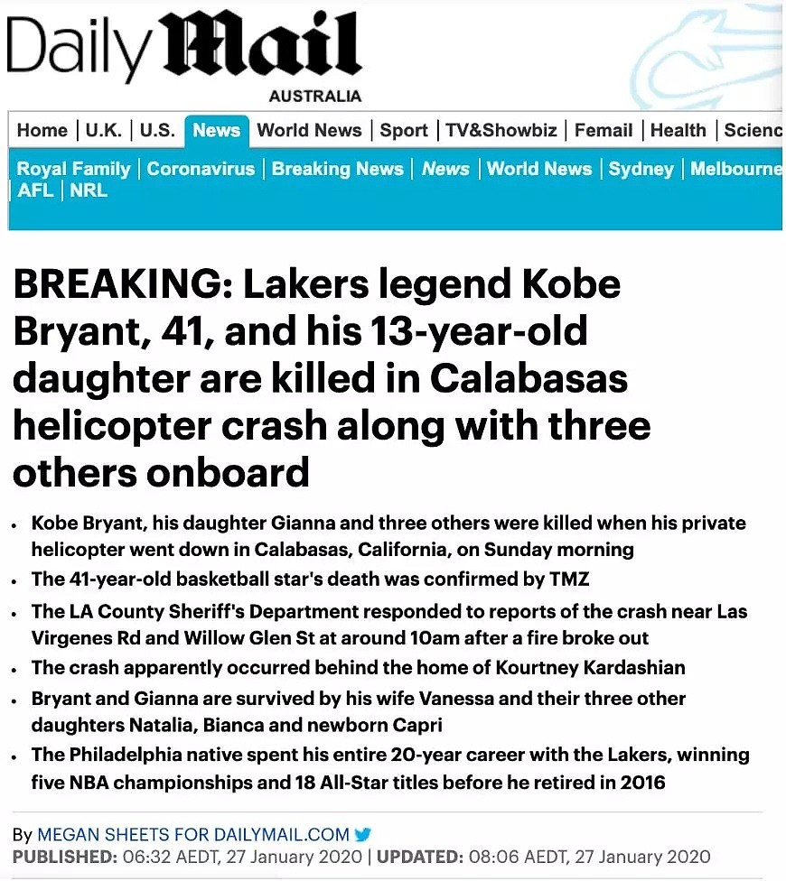 突发！NBA篮球巨星科比意外身亡！与13岁女儿坠机遇难，乘客无一生还！（视频/组图） - 1