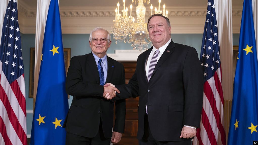 美国国务卿蓬佩奥2月7日在美国国务院会见到访的欧盟外交与安全政策高级代表丰特列斯。