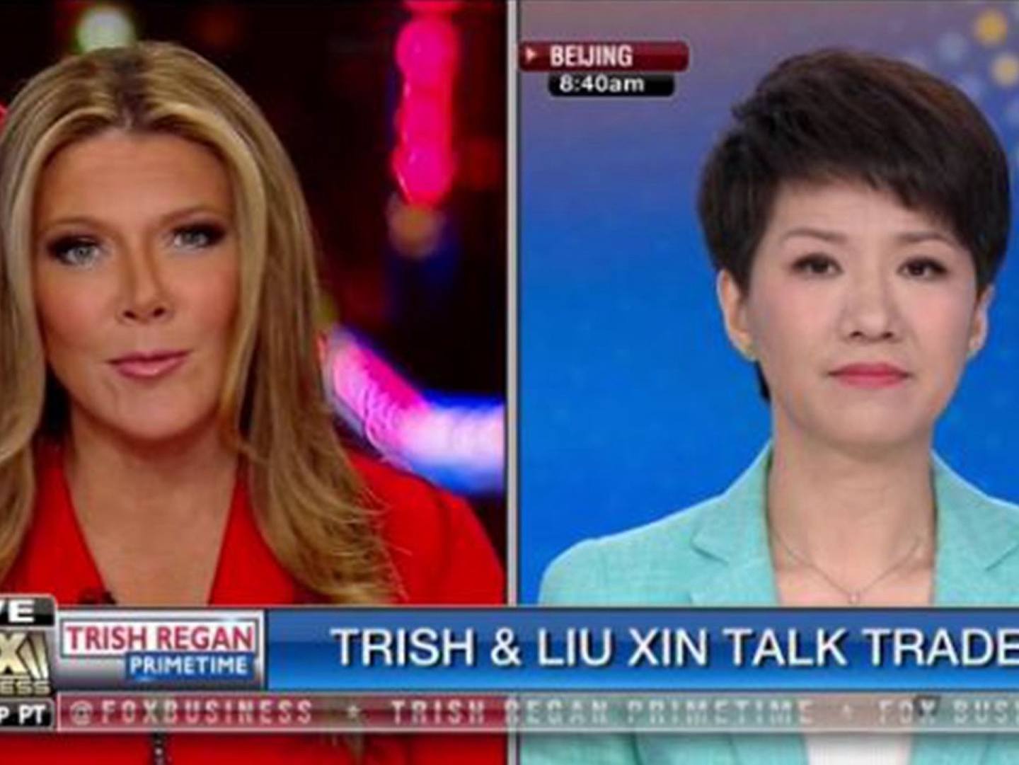 在中美贸易战期间，2019年5月30日，CGTN女主播刘欣应约与美国FOX商业频道女主播翠西·里根（Trish Regan）就中美贸易等相关话题进行了一场公开辩论。（Twitter@CGTN截图）