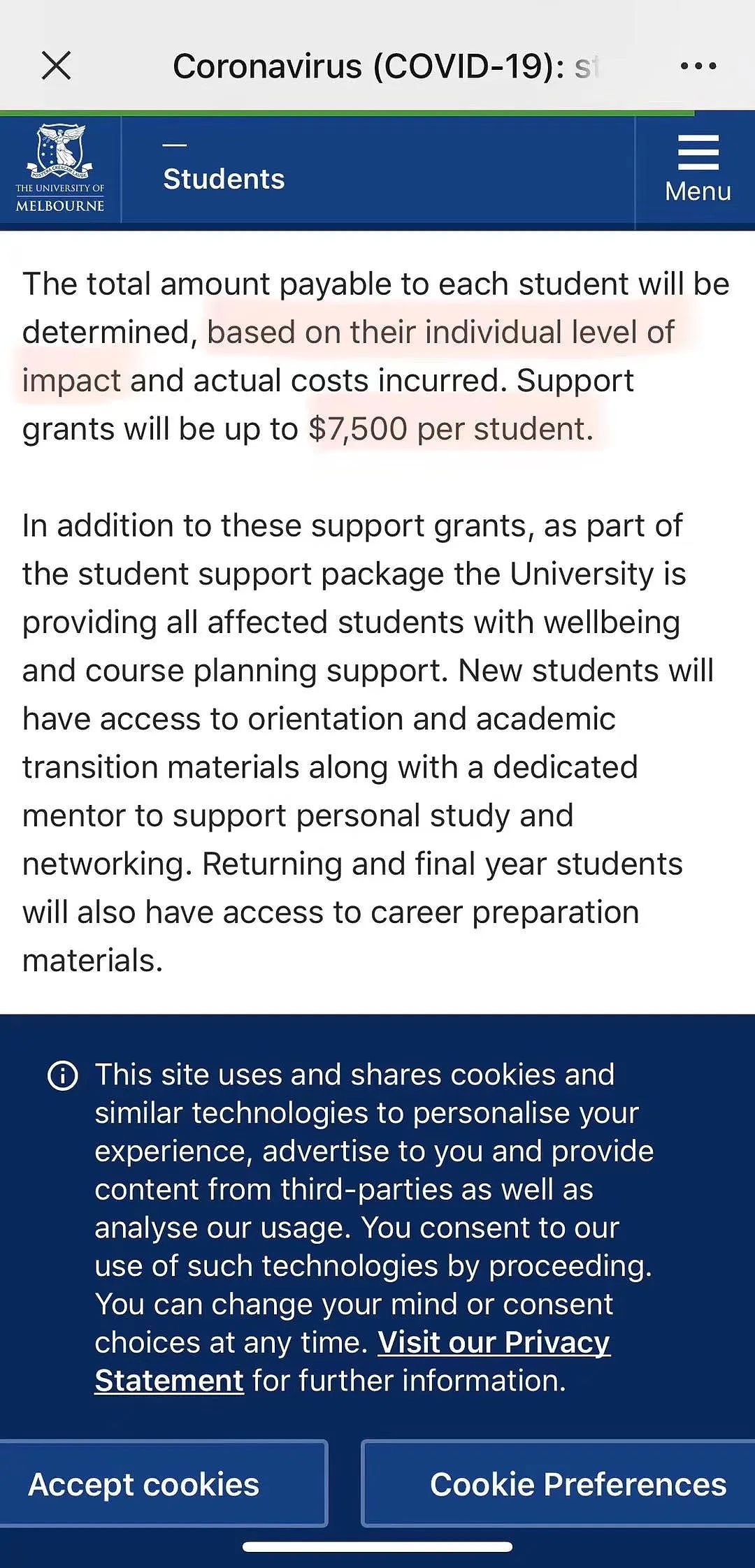 墨尔本大学官宣：受新冠疫情影响学生可获$7500补助金（组图） - 1