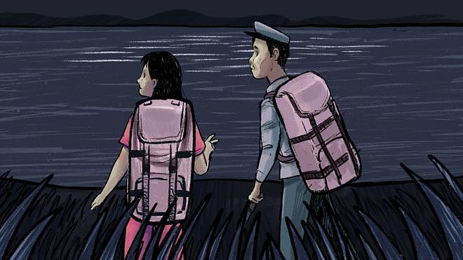 Jeon and Kim at the Tumen river - illustration