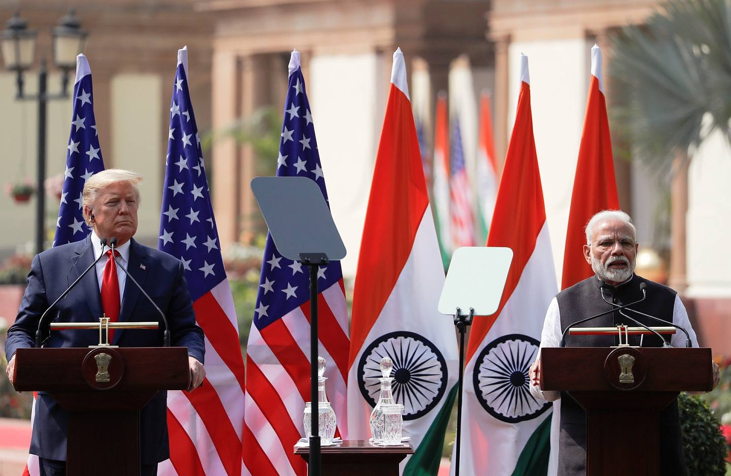 2月25日，特朗普和莫迪在新德里会谈之后，发表联合声明。可是两人这次并未达成具体的贸易协议。（Reuters）