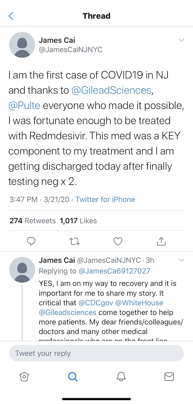 蔡敏21日在推特上宣布自己两次检测为阴性，已经出院。 （推特截图）
