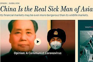 新冠肺炎疫情此前在中国迅速扩散，当时《华尔街日报》发表一篇题为《中国是真正的亚洲病夫》的文章，此举引发中国不满，政府宣布驱逐该报3名驻华记者。（华尔街日报网站截图）