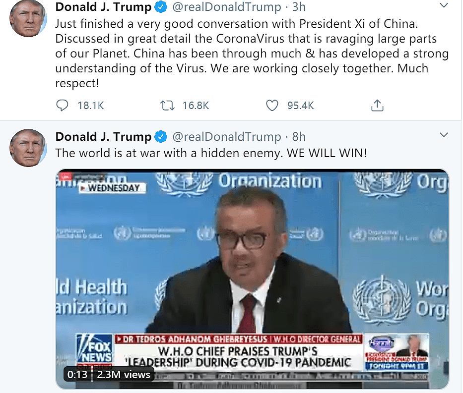 特朗普在有关习特通话的推文中两次使用”病毒“一词，绝口不提“中国病毒”。（Twitter@realDonaldTrump截图）