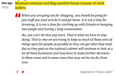莫里森警告零售店未来可能关闭！户外聚集不得超过2人，70岁以上请在家隔离…… - 2