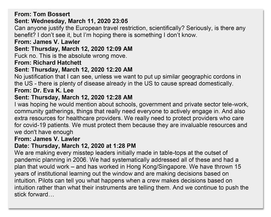 包括特朗普自己的国土安全顾问理托马斯·博塞特在内的疾病大流行专家通过“赤色黎明”邮件组讨论，此前特朗普已于3月11日宣布对来自欧洲的入境加以限制。