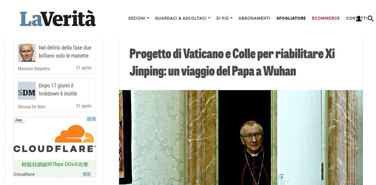 意大利政论杂志La Verità日前披露，梵蒂冈国务卿帕洛林（Cardinal Pietro Parolin）正秘密安排教宗方济各访问中国大陆，首站武汉。（La Verità截图）