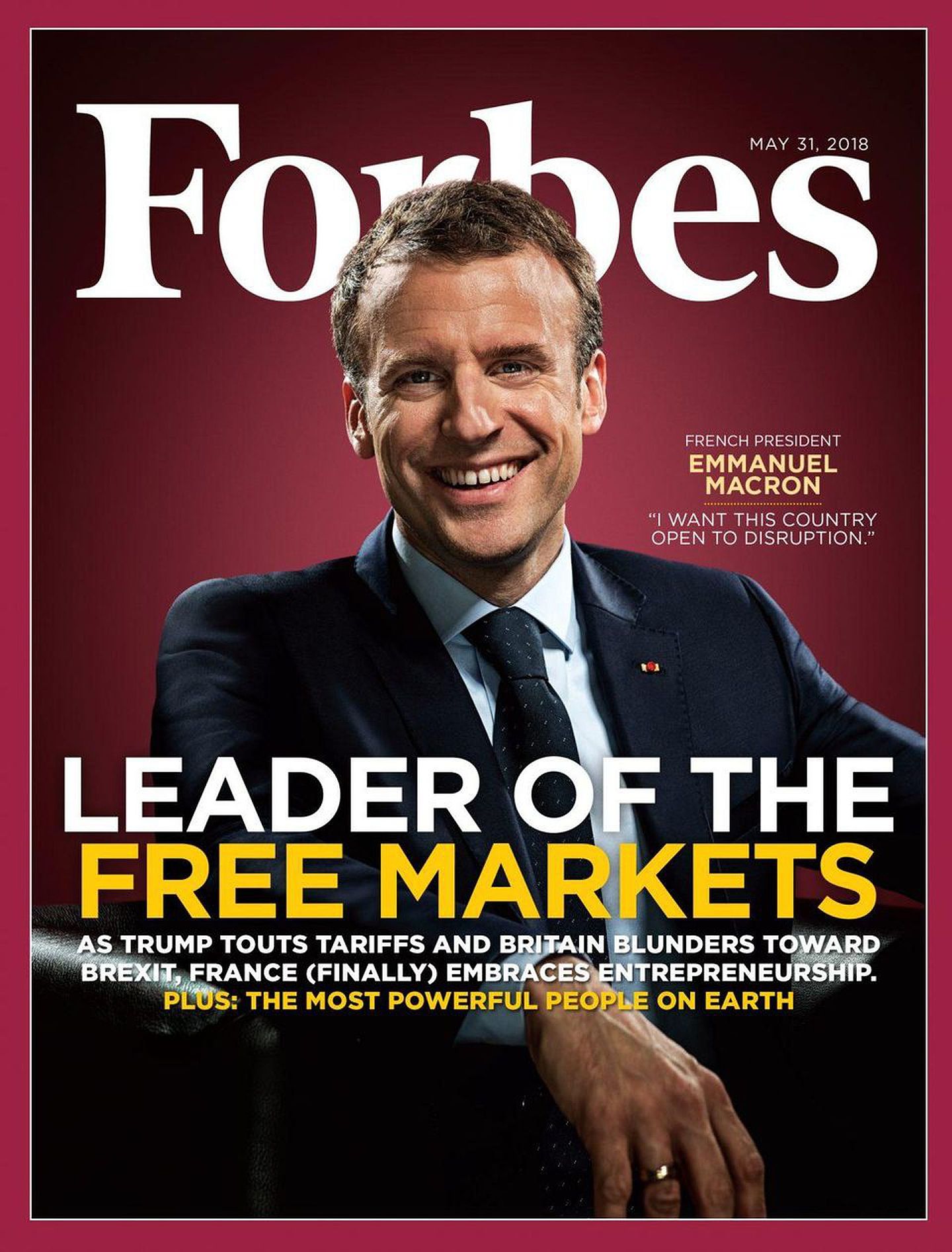 马克龙上了《福布斯》杂志头版，标题是“自由市场的领袖马克龙”。马克龙的金融背景特别受到国外媒体的赞赏。（福布斯）