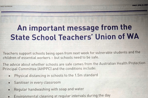 西澳公立学校教师工会， 呼吁学生千万不要返校回来上课！ - 2