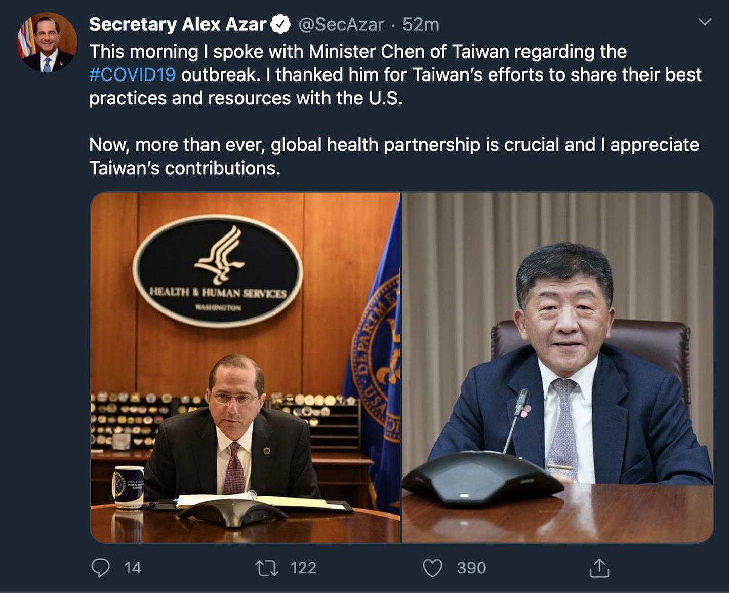结束台美的电话会议后，美国卫生与公众服务部部长亚历克斯·阿扎在其推特上感谢台湾对美国分享了最佳的防疫策略，也肯定台湾在全球卫生伙伴关系上的贡献。（Twitter＠Secretary Alex Azar）