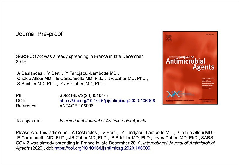 《新冠病毒2019年12月底已在法国传播》论文首页