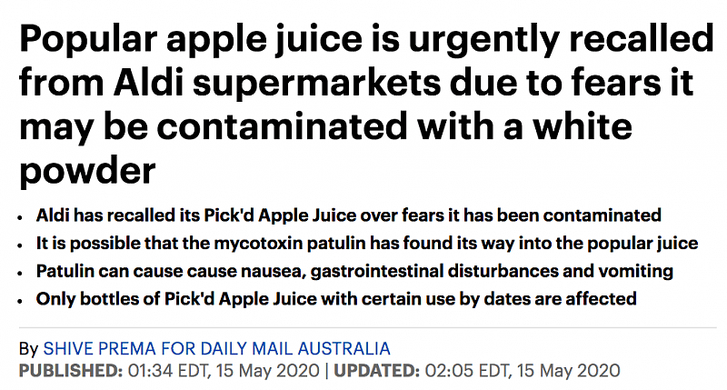 注意！Aldi一款受欢迎的果汁，全澳正紧急召回！恐造成食物中毒等重症！澳洲展青霉素污染事件多发，多款果汁中招！ - 5