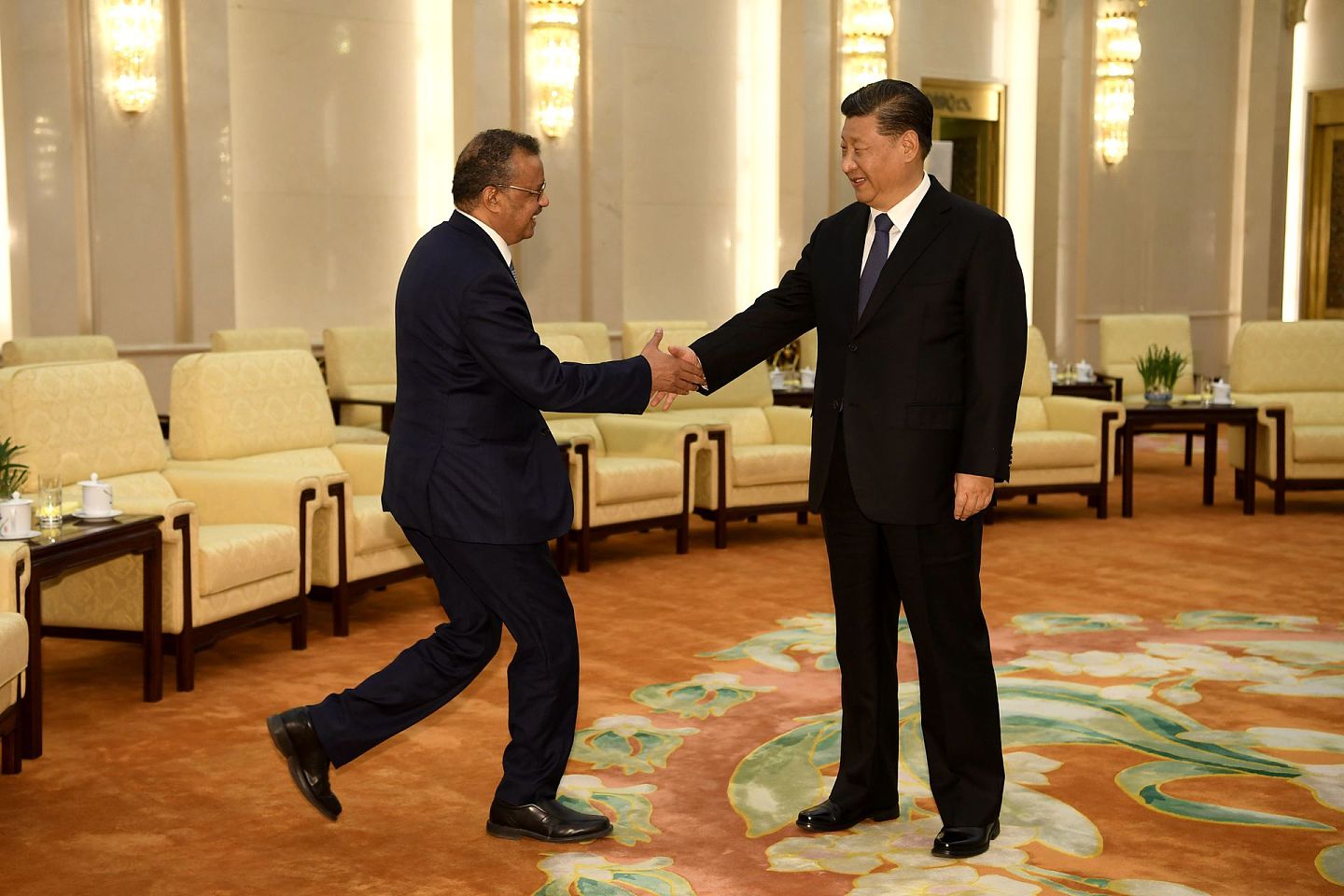 2020年1月28日，世界卫生组织总干事谭德塞(左)在北京会见习近平。(AFP)