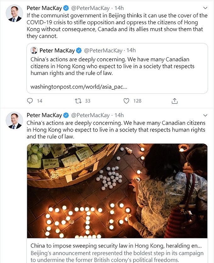 加拿大参众议员多人均在社交媒体上发声挺香港民主 (众议员麦凯推特)