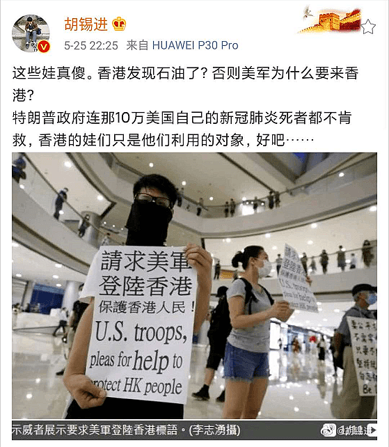 香港有人举牌“请求美军登陆 保护香港人民”胡锡进发文讽刺“美国连自己国民都不肯救”（视频/组图） - 2