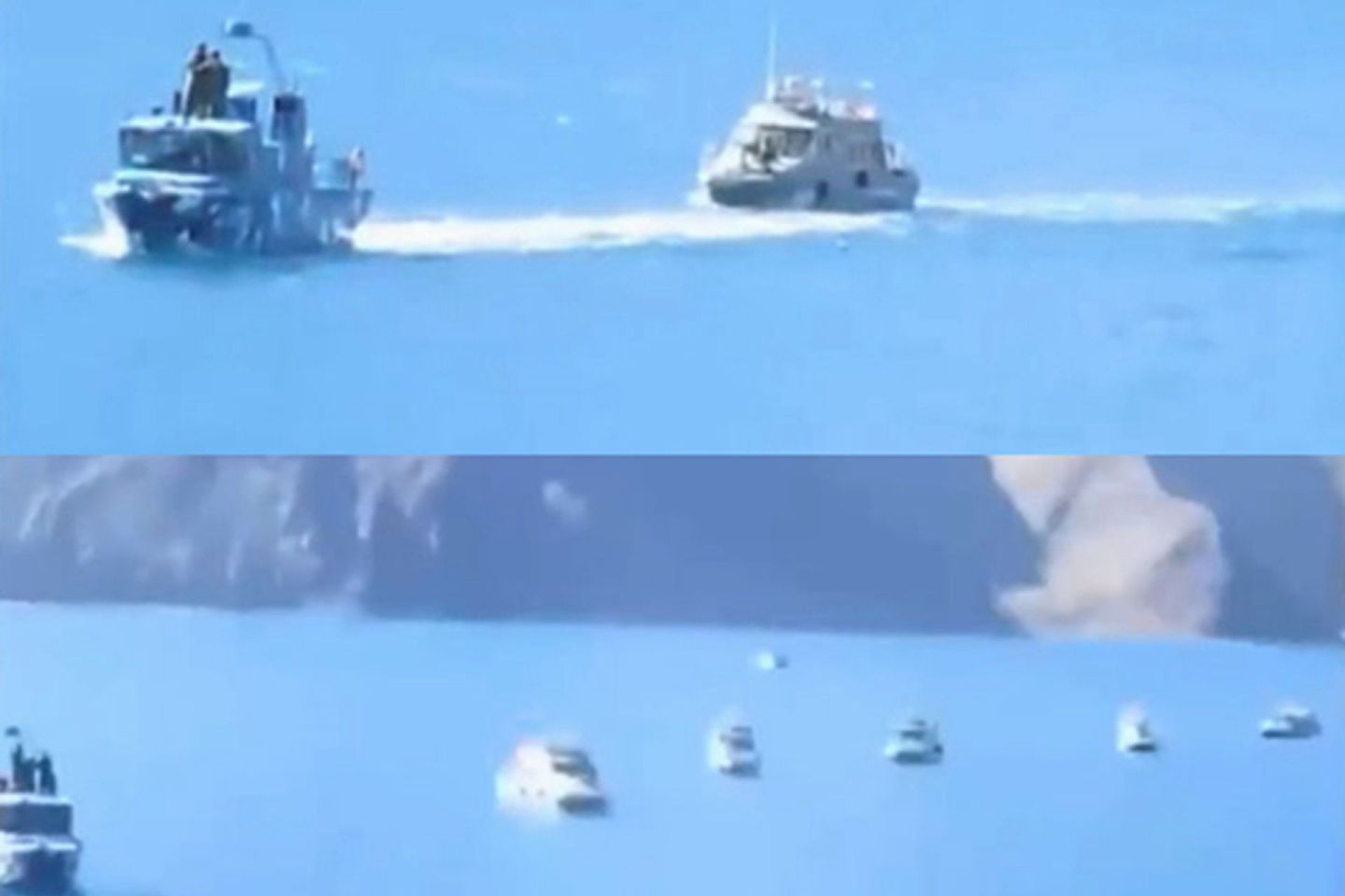 中印边境对峙事件再次发生。图为在班公错湖上，解放军装备的928D巡逻艇在湖上编队航行，应对对峙。（网络视频截图）
