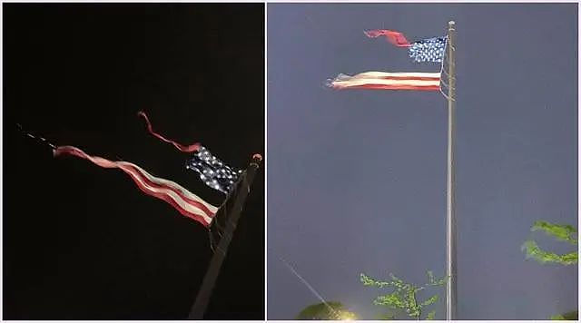 啥兆头？美国最大的国旗，在雨中被雷劈成两半！（组图） - 1