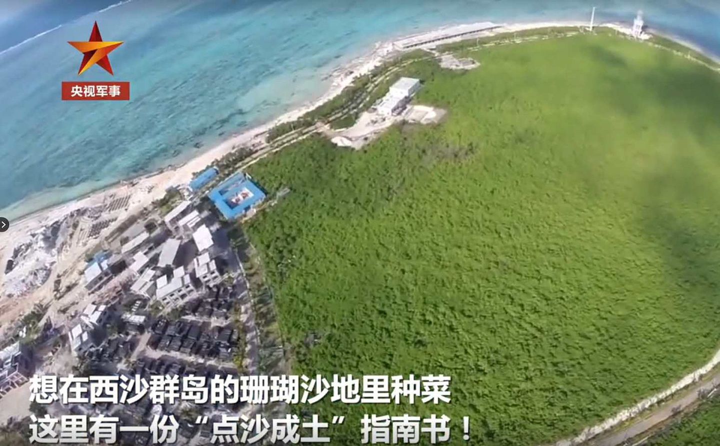 航拍三沙市永兴岛海滩上一片“绿洲”。（中国央视军事视频截图）