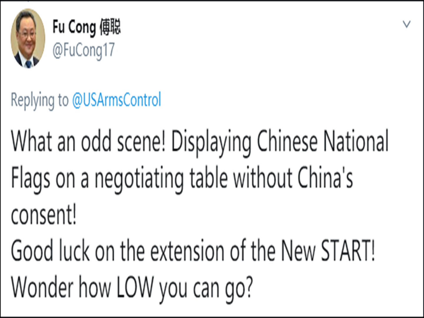 中国外交部军控司司长傅聪在比林斯利推文下回复。（Twitter@USArmscontrol）