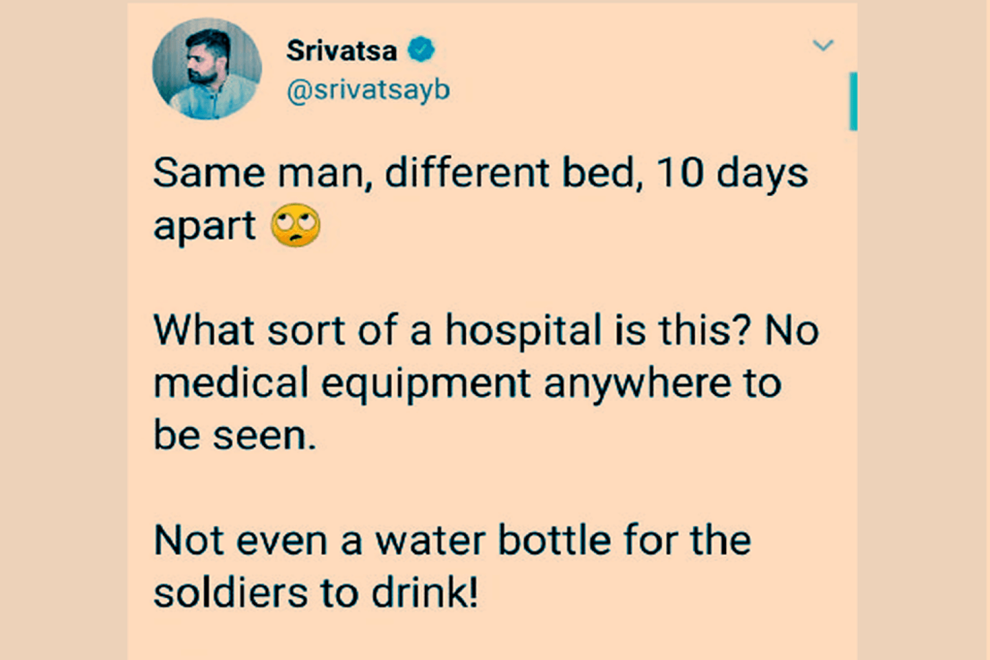 印度网友质疑莫迪探望士兵的医院是假医院，并称该医院无处可见医疗设备。（Twitter@Srivatsa）