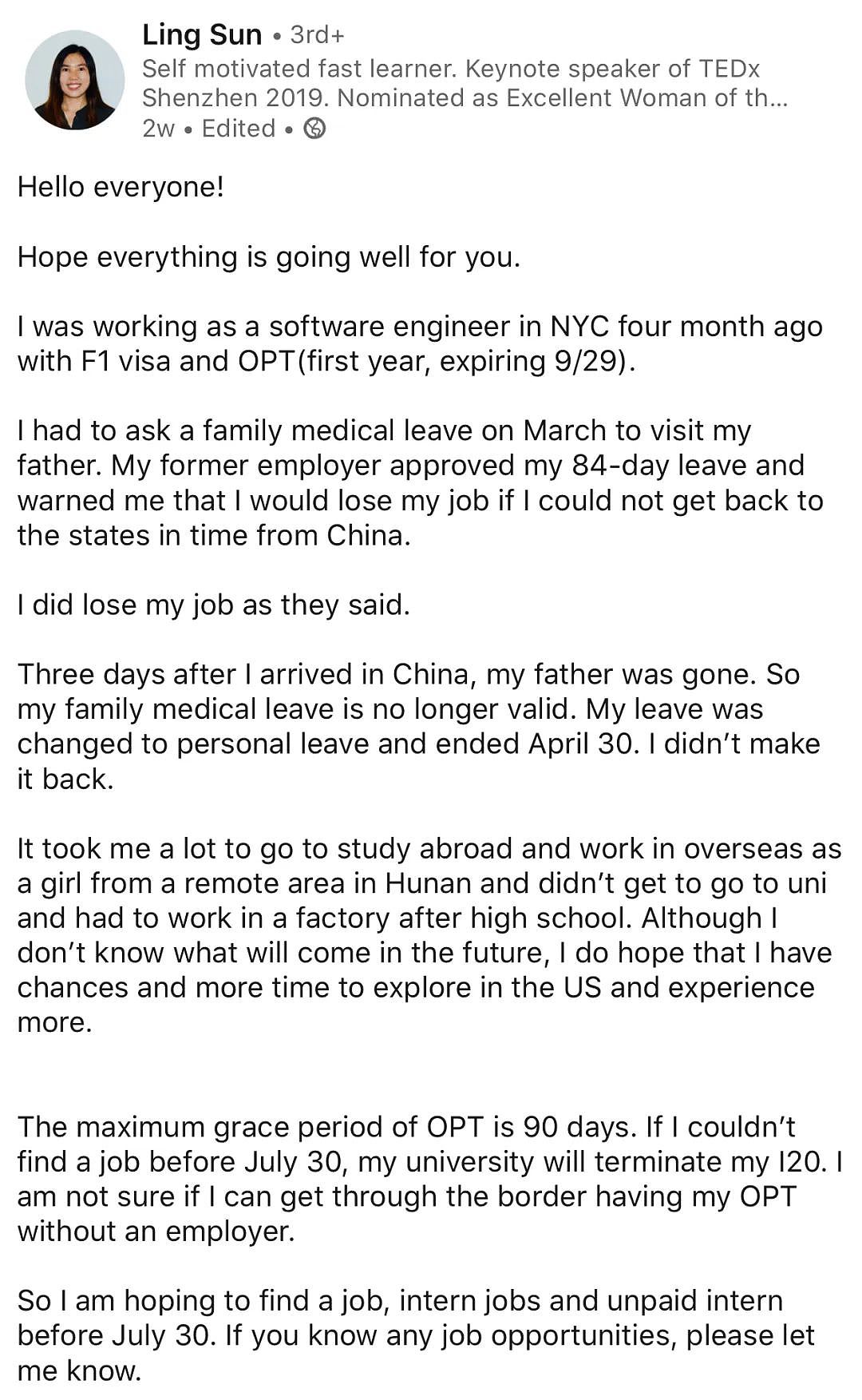 只因回国为父送终，那个用10年逆袭成纽约程序员的深圳厂妹, 丢了工作（组图） - 3