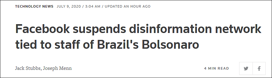 因散布虚假信息，巴西总统相关账号被脸书封禁（图） - 1