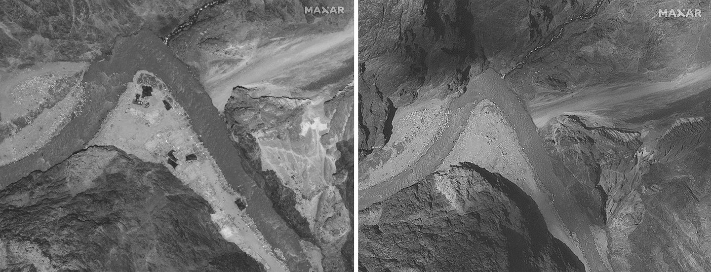 卫星拍摄照片显示，左图6月28日中印边界加勒万河谷附近的区域有一些简易设施，右图7月6日照片显示设施已被拆除。（AP）