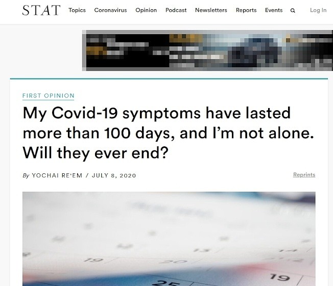 纽约医师瑞姆投书STAT医药新闻网站，自述感染新冠肺炎超过100天后，症状仍未消失感到无助，且可能无法摆脱这些症状。 (截自STAT网站)