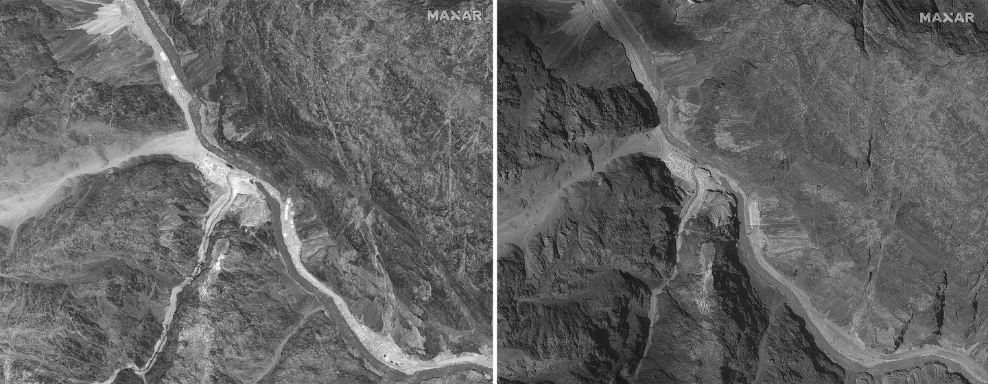 卫星拍摄左图为6月28日中印边界加勒万河谷附近的区域，右图为7月6日中印边界加勒万河谷附近的区域。（AP）