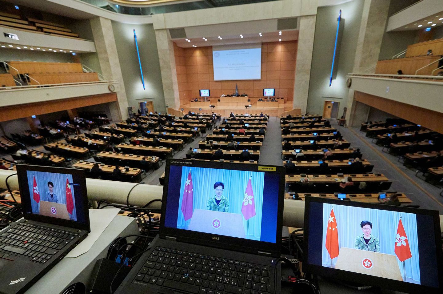 2020年6月30日，联合国人权理事会上，香港行政长官林郑月娥通过视频发表讲话。（Reuters）