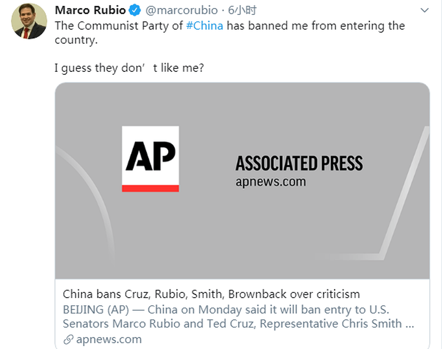 美国对华鹰派卢比奥7月13日在社交媒体推特上就“自己成为中国制裁对象”一事发表了看法。（Twitter@marcorubio）